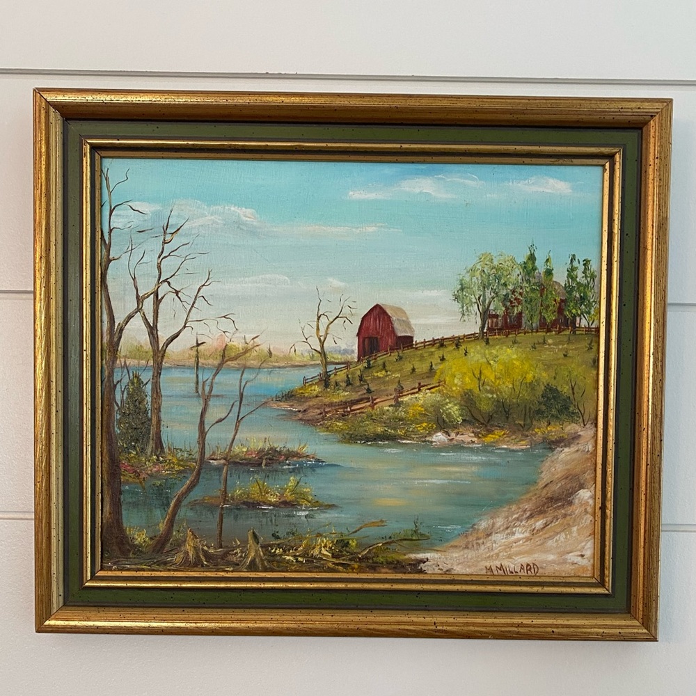 Vintage Original Oil Painting Fall Spring Farm Barn Landscape Signed M Millard